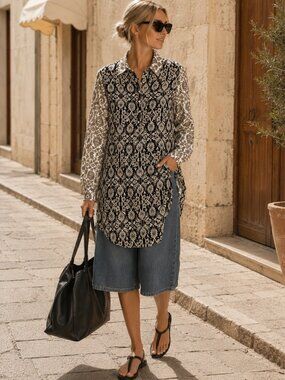 100% Silk Black Cream Floral Motif Tunic Style Women’s Small